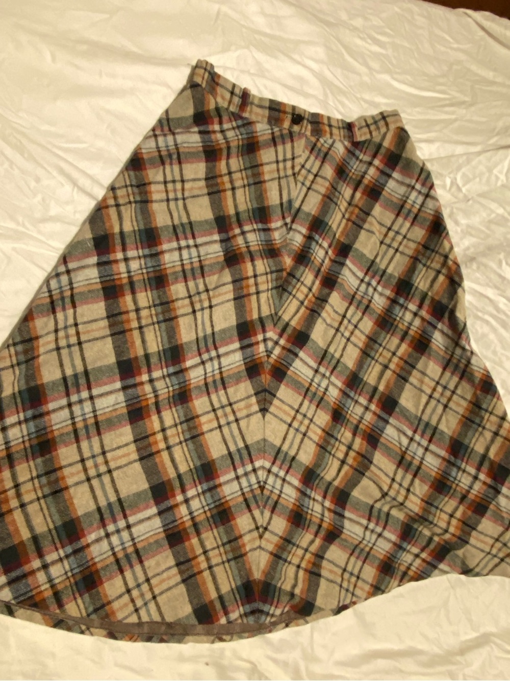 Vintage Beige Plaid A-Line Midi Skirt with Multicolor Stripes